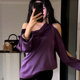 Women's Satin Blouse Cold Shoulder S-XL Long-Sleeve Tops