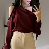 Women's Satin Blouse Cold Shoulder S-XL Long-Sleeve Tops