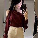 Women's Satin Blouse Cold Shoulder S-XL Long-Sleeve Tops-Women's Fashion Designer Long-Sleeve Tops-International Women's Clothing