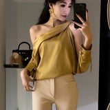 Women's Satin Blouse Cold Shoulder S-XL Long-Sleeve Tops-Women's Fashion Designer Long-Sleeve Tops-International Women's Clothing