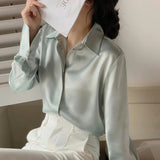 Women's Satin Office Fashion Designer Lantern Long-Sleeve Tops-Women's Fashion Designer Long-Sleeve Tops