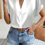 Women's Satin Rolled Sleeve Blouse Tops Fashion Designer T-Shirts