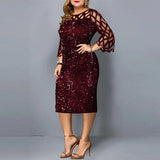 Women's Sequin 3-5XL Fashion Designer Midi Dresses (Plus Size)-Women's Fashion Designer Plus Size Dresses-Wine Red-Women&#x27;s fashion designer plus size clothes