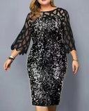 Women's Sequin 3-5XL Fashion Designer Midi Dresses (Plus Size)-Women's Fashion Designer Plus Size Dresses-Silver on Black-Women&#x27;s fashion designer plus size clothes