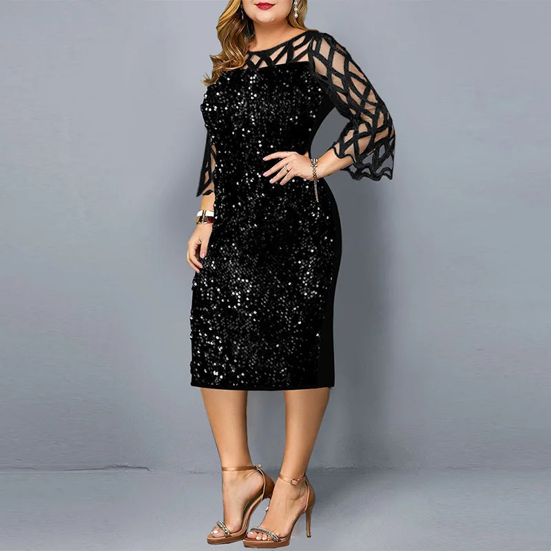 Women's Sequin 3-5XL Fashion Designer Midi Dresses (Plus Size) International Women's Clothing Women's Sequin 3-5XL Fashion Designer Midi Dresses (Plus Size) International Women's Clothing