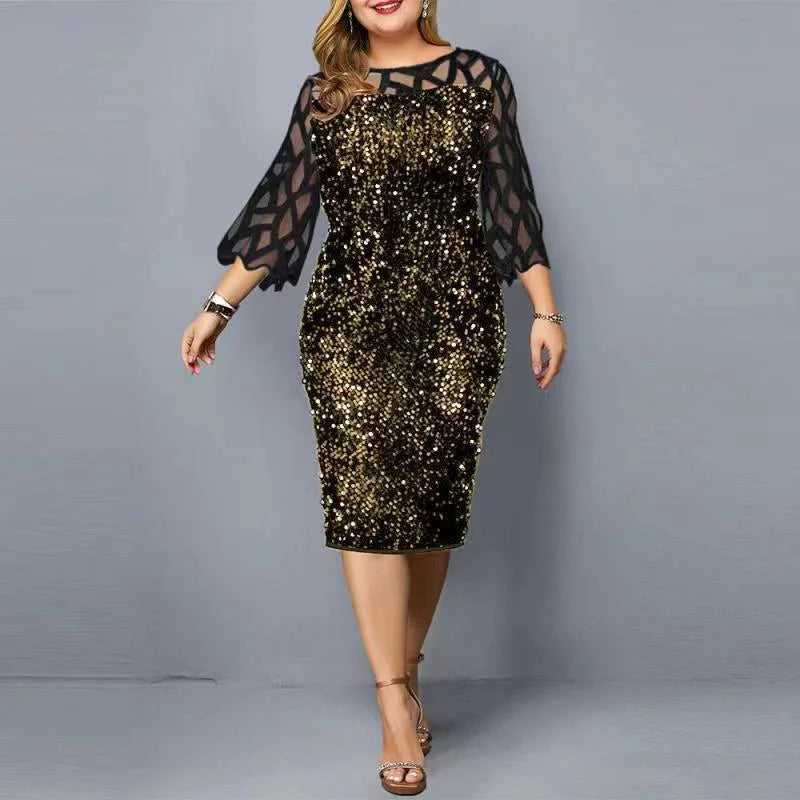 Women's Sequin 3-5XL Fashion Designer Midi Dresses (Plus Size) International Women's Clothing Women's Sequin 3-5XL Fashion Designer Midi Dresses (Plus Size) International Women's Clothing