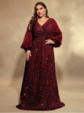 Women's Sequin Evening L-7XL Fashion Designer Long Dresses (Plus Size)-Women's Fashion Designer Plus Size Dresses-Burgundy-Women&#x27;s fashion designer plus size clothes