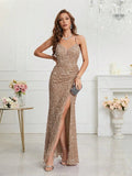 Women's Sequin S-2XL Spaghetti Strap Fashion Design Split Dresses (Long)-Women's Fashion Designer Dresses-International Women's Clothing