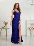 Women's Sequin S-2XL Spaghetti Strap Fashion Design Split Dresses (Long)-Women's Fashion Designer Dresses-International Women's Clothing