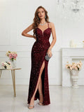 Women's Sequin S-2XL Spaghetti Strap Fashion Design Split Dresses (Long)-Women's Fashion Designer Dresses-International Women's Clothing