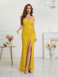 Women's Sequin S-2XL Spaghetti Strap Fashion Design Split Dresses (Long)-Women's Fashion Designer Dresses-International Women's Clothing