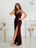 Women's Sequin S-2XL Spaghetti Strap Fashion Design Split Dresses (Long)-Women's Fashion Designer Dresses-International Women's Clothing