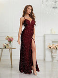 Women's Sequin S-2XL Spaghetti Strap Fashion Design Split Dresses (Long)-Women's Fashion Designer Dresses-International Women's Clothing