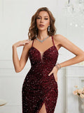 Women's Sequin S-2XL Spaghetti Strap Fashion Design Split Dresses (Long)-Women's Fashion Designer Dresses-International Women's Clothing