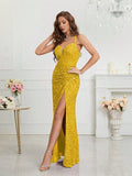 Women's Sequin S-2XL Spaghetti Strap Fashion Design Split Dresses (Long)-Women's Fashion Designer Dresses-International Women's Clothing