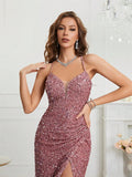 Women's Sequin S-2XL Spaghetti Strap Fashion Design Split Dresses (Long)-Women's Fashion Designer Dresses-International Women's Clothing