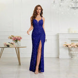 Women's Sequin S-2XL Spaghetti Strap Fashion Design Split Dresses (Long)-Women's Fashion Designer Dresses-International Women's Clothing