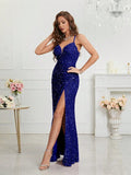 Women's Sequin S-2XL Spaghetti Strap Fashion Design Split Dresses (Long)-Women's Fashion Designer Dresses-International Women's Clothing