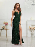 Women's Sequin S-2XL Spaghetti Strap Fashion Design Split Dresses (Long)-Women's Fashion Designer Dresses-International Women's Clothing