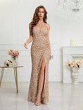 Women's Sequin S-2XL Spaghetti Strap Fashion Design Split Dresses (Long)-Women's Fashion Designer Dresses-International Women's Clothing