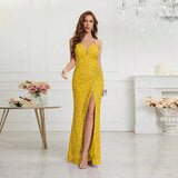 Women's Sequin S-2XL Spaghetti Strap Fashion Design Split Dresses (Long)-Women's Fashion Designer Dresses-International Women's Clothing