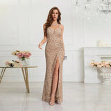 Women's Sequin S-2XL Spaghetti Strap Fashion Design Split Dresses (Long)-Women's Fashion Designer Dresses-International Women's Clothing