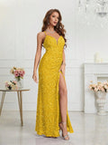 Women's Sequin S-2XL Spaghetti Strap Fashion Design Split Dresses (Long)-Women's Fashion Designer Dresses-International Women's Clothing