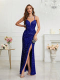 Women's Sequin S-2XL Spaghetti Strap Fashion Design Split Dresses (Long)-Women's Fashion Designer Dresses-International Women's Clothing