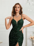Women's Sequin S-2XL Spaghetti Strap Fashion Design Split Dresses (Long)-Women's Fashion Designer Dresses-International Women's Clothing