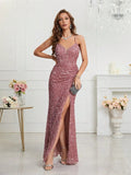 Women's Sequin S-2XL Spaghetti Strap Fashion Design Split Dresses (Long)-Women's Fashion Designer Dresses-International Women's Clothing