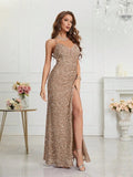 Women's Sequin S-2XL Spaghetti Strap Fashion Design Split Dresses (Long)-Women's Fashion Designer Dresses-International Women's Clothing
