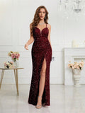 Women's Sequin S-2XL Spaghetti Strap Fashion Design Split Dresses (Long)-Women's Fashion Designer Dresses-International Women's Clothing