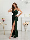 Women's Sequin S-2XL Spaghetti Strap Fashion Design Split Dresses (Long)-Women's Fashion Designer Dresses-International Women's Clothing