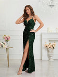 Women's Sequin S-2XL Spaghetti Strap Fashion Design Split Dresses (Long)-Women's Fashion Designer Dresses-green-Women&#x27;s fashion designer plus size clothes