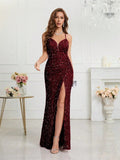 Women's Sequin S-2XL Spaghetti Strap Fashion Design Split Dresses (Long)-Women's Fashion Designer Dresses-Claret-Women&#x27;s fashion designer plus size clothes