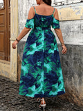 Women's Shoulder Slip Floral 2-5XL Fashion Designer Midi Dresses (Plus Size)