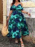 Women's Shoulder Slip Floral 2-5XL Fashion Designer Midi Dresses (Plus Size)