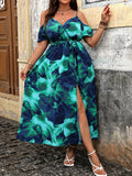 Women's Shoulder Slip Floral 2-5XL Fashion Designer Midi Dresses (Plus Size)