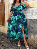 Women's Shoulder Slip Floral 2-5XL Fashion Designer Midi Dresses (Plus Size)