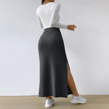 Women's Side Slits Ribbed High Waist Fashion Designer Skirts (Long)-Women's Fashion Designer Skirts
