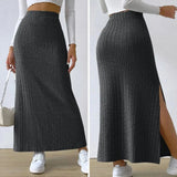 Women's Side Slits Ribbed High Waist Fashion Designer Skirts (Long)-Women's Fashion Designer Skirts