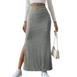 Women's Side Slits Ribbed High Waist Fashion Designer Skirts (Long)-Women's Fashion Designer Skirts