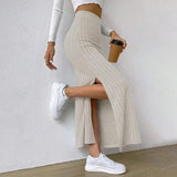 Women's Side Slits Ribbed High Waist Fashion Designer Skirts (Long)-Women's Fashion Designer Skirts