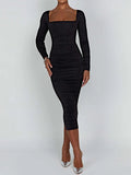 Women's Solid Bodycon Square Neck Fashion Designer Dresses (Midi)-Women's Fashion Designer Dresses