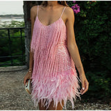 Women's Spaghetti Strap Fashion Designer Sequin Feather Dresses (Short)-Women's Fashion Designer Dresses