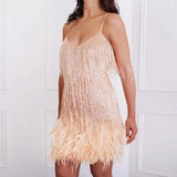 Women's Spaghetti Strap Fashion Designer Sequin Feather Dresses (Short)-Women's Fashion Designer Dresses