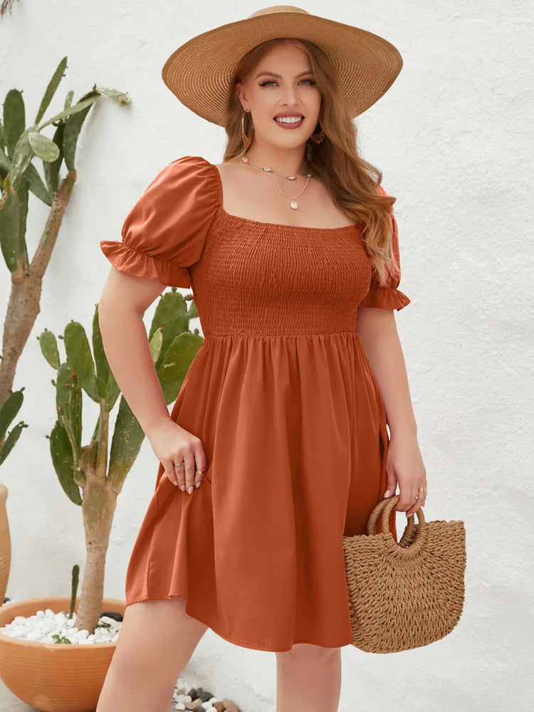 Women's Square Neck 2-4XL Fashion Designer Short Dresses (Plus Size)