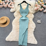Women's Stretchy Knitted Fashion Designer Sleeveless Dresses (Long)