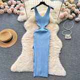 Women's Stretchy Knitted Fashion Designer Sleeveless Dresses (Long)