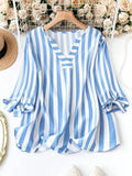 Women's Striped Blouse Fashion Designer 4XL Shirts Long-Sleeve Tops (Plus Size)